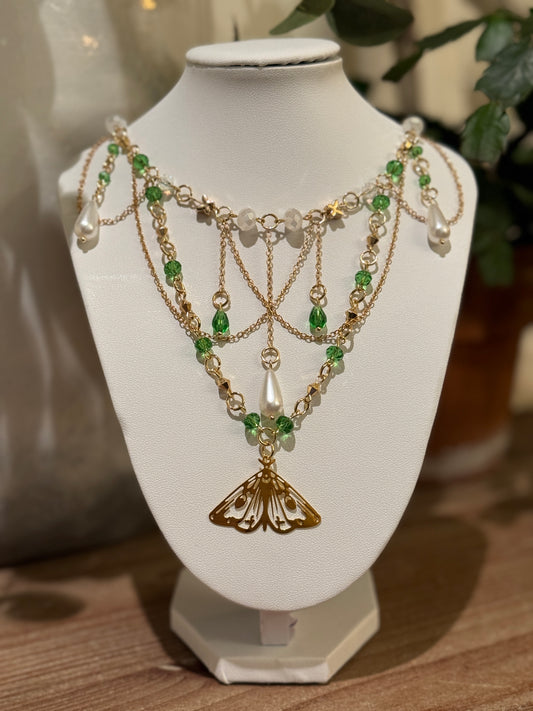 Golden Emerald Moth Necklace