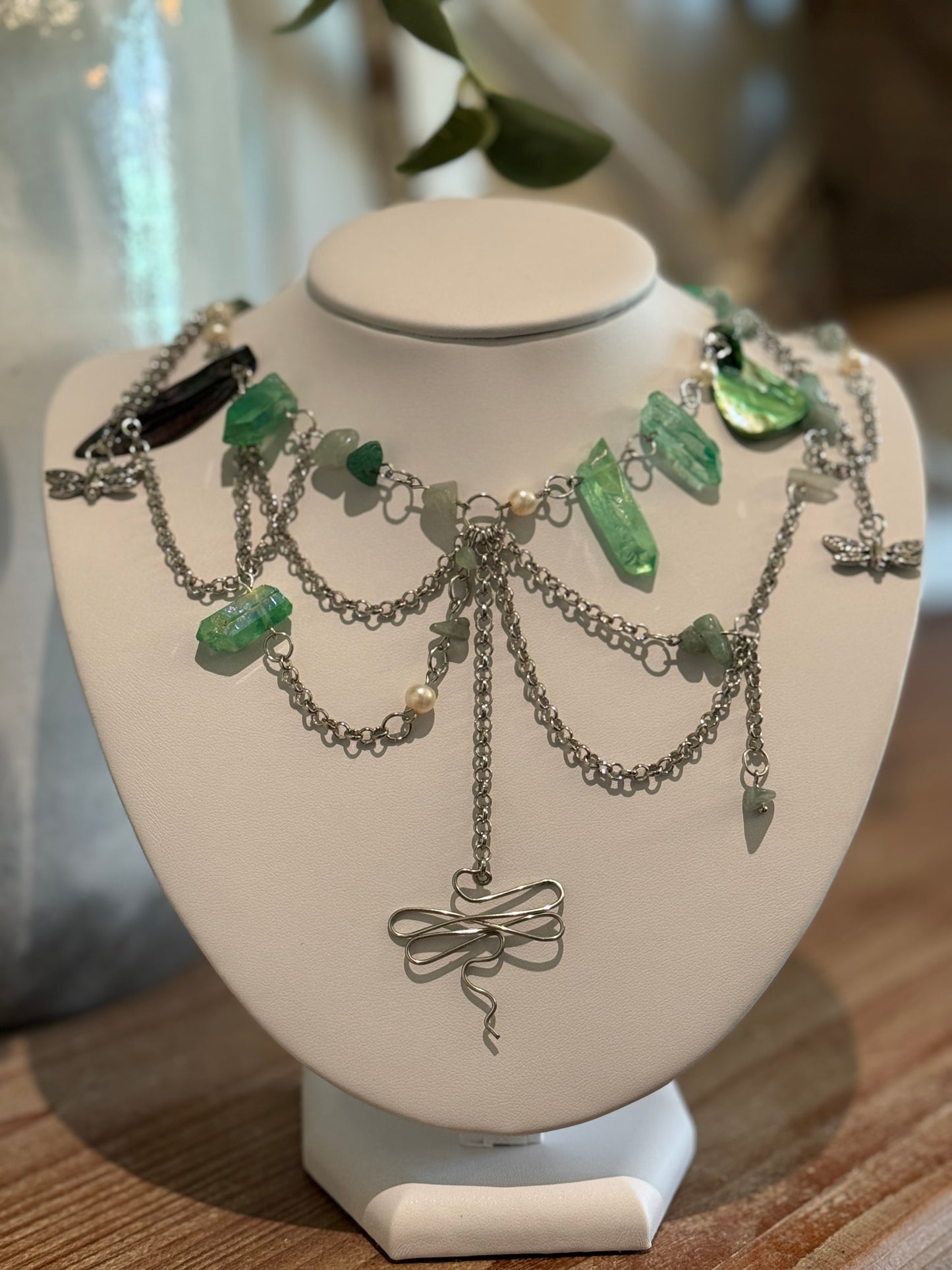 Silver Emerald Dragonfly Necklace